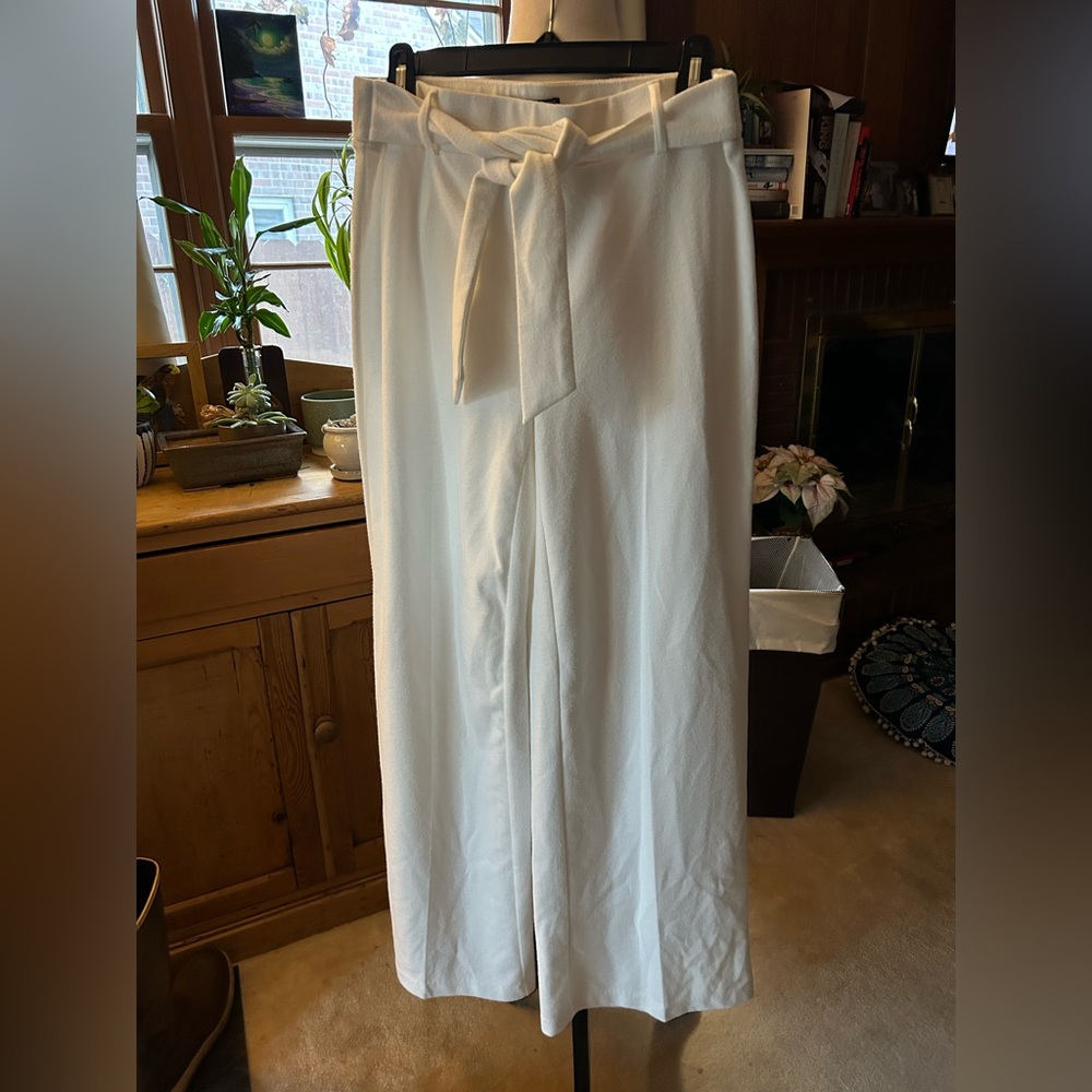 Winter White Knit Wide Leg Dress Pants With Tie Waist